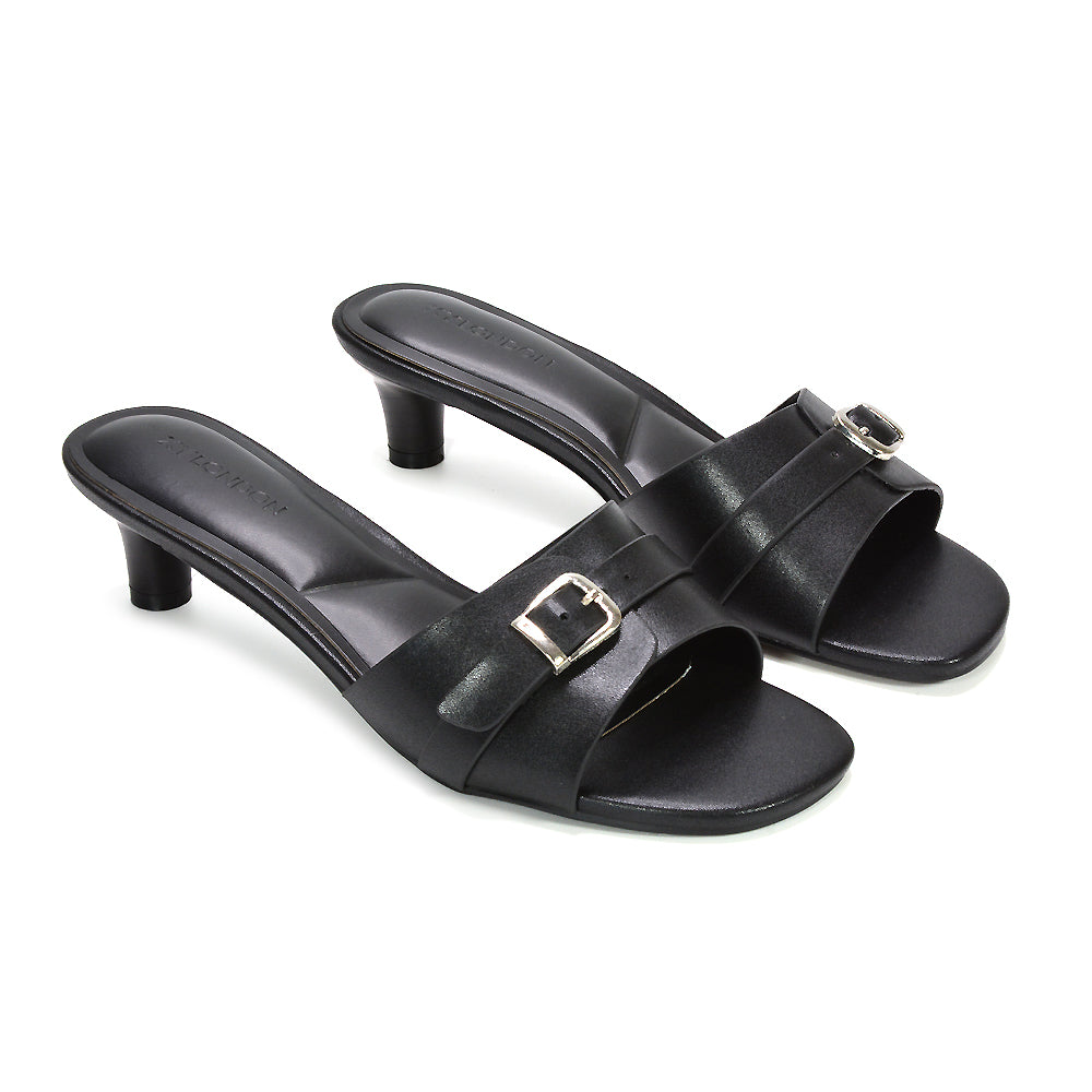 stylish women’s kitten heel mule sandals with buckle detail, low heel mule sandals, casual heeled sandals, black mule heels, black strappy heels