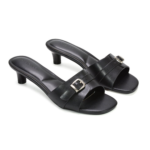 stylish women’s kitten heel mule sandals with buckle detail, low heel mule sandals, casual heeled sandals, black mule heels, black strappy heels