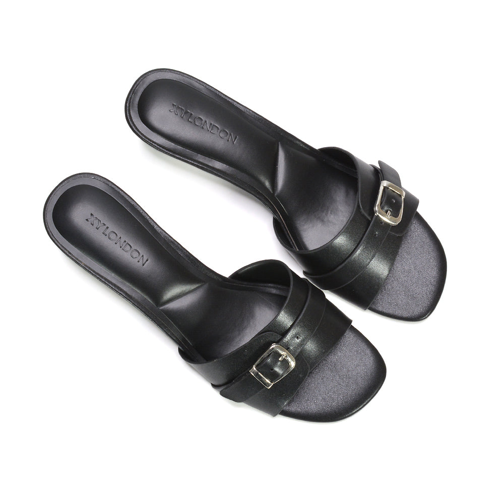 everyday wear slip on low heel mule sandals for women, women’s mule heeled sandals, comfortable mule heel sandals, black low heel mule sandals, black slip on mule heels
