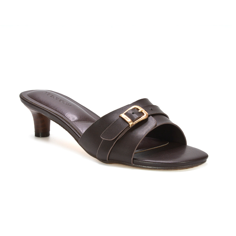 comfortable low kitten heel buckle mule sandals for women, kitten heel mule sandals, women’s slip on heeled sandals, brown heeled sandals, brown low heels