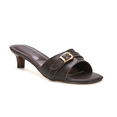 comfortable low kitten heel buckle mule sandals for women, kitten heel mule sandals, women’s slip on heeled sandals, brown heeled sandals, brown low heels