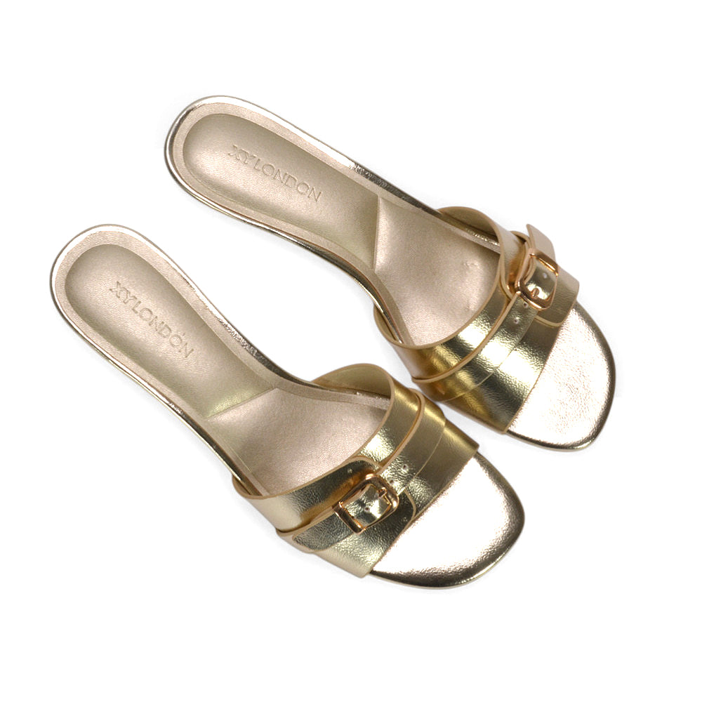 open toe slip on buckle strap mule sandals with low heel, slip on mule sandals, buckle detail sandals, gold slip on heels, gold kitten heel sandals