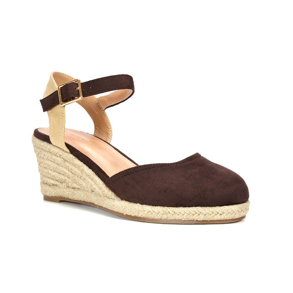 espadrille platform wedges brown, summer wedges with buckle strap, secure ankle strap sandals, vacation ready wedge heels