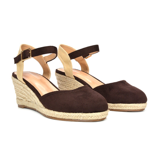 brown wedge sandals, brown closed toe espadrille wedges for women, suede finish wedge sandals, summer casual sandals, ladies brown wedges