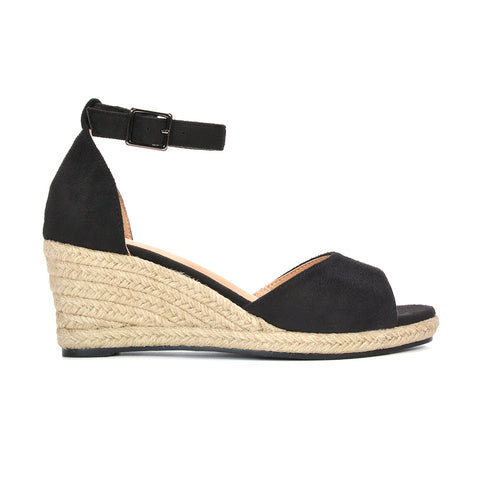 women’s espadrille wedge heels, stylish summer wedge heels, stylish ankle strap espadrille wedges for summer, black wedge sandals