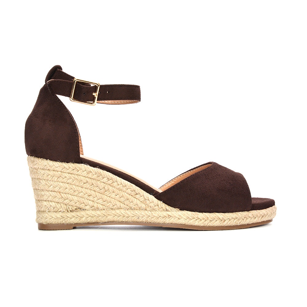 peep toe wedge heel sandals, casual espadrille wedge shoes, comfortable peep toe wedge sandals for women, brown wedge heels
