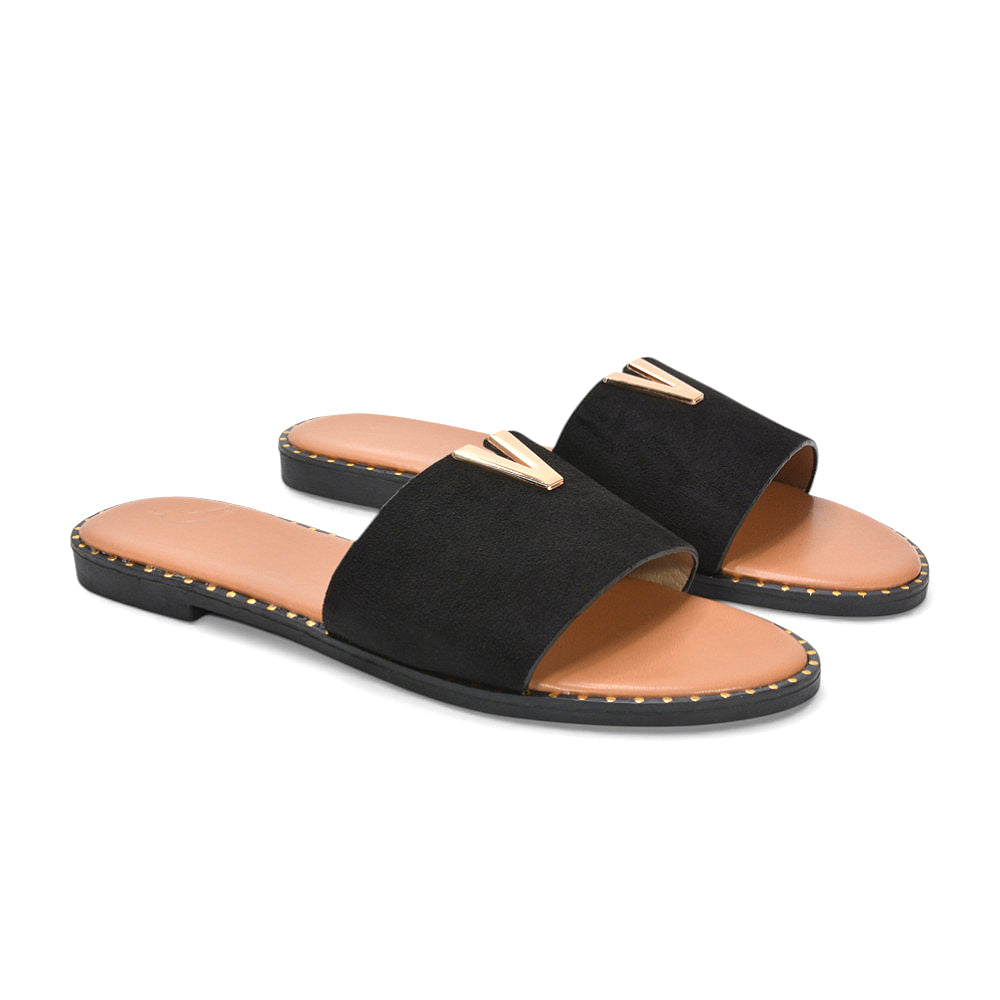 Women’s flat sandals, flat sandals, Comfortable slip-on sandals for women, Gold buckle trim sandals, Summer holidays, Summer 2026 women’s sandals, black sandals, black flat sandals, women's black sandals