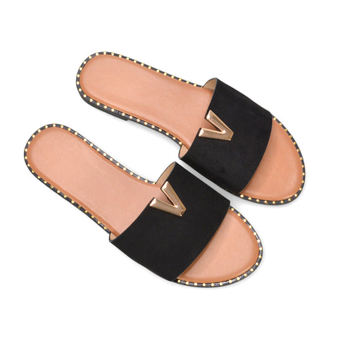 Women’s slides sandals, Comfortable slip-on flat sandals for women, Holiday flat sandals for women, Trendy summer slides, Summer fashion sandals, black slip on slides, black strappy slides