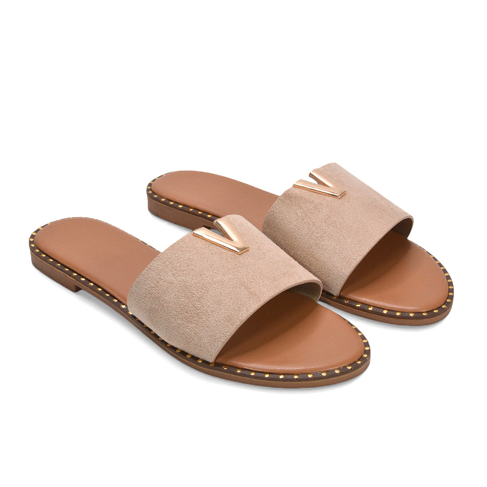 Vacation flats for women, Dressy casual flats, Flat sandal slides, Holiday flat sandals for women, Vacation shoes, sandals for work, taupe slip on sandals, taupe strappy sandals