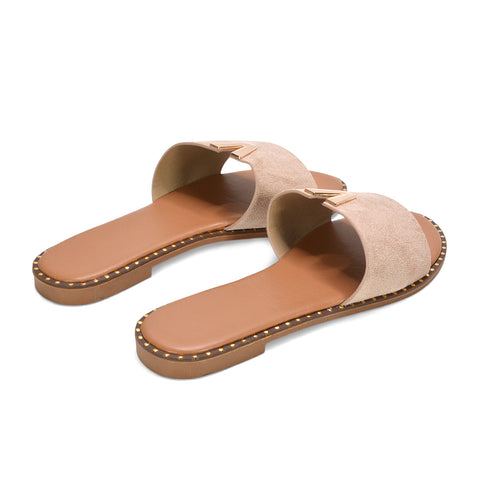 Poolside flat slides for women, Everyday flat sandals, comfortable flat sandals, taupe slip on strappy sandals, taupe sandals for holiday