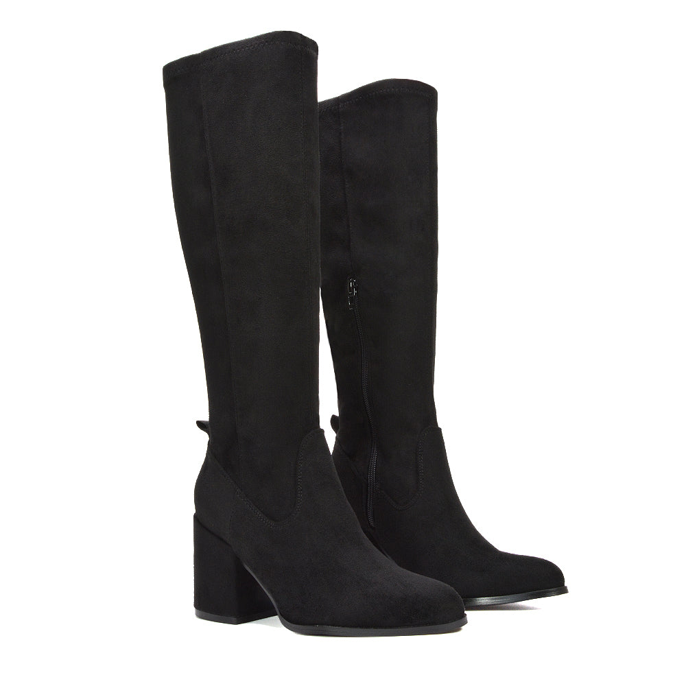 black stretchy knee high boots, black block heeled knee high boots, Mid heel boots for women, Fall winter boots for women, Stretch fit boots, Comfortable mid heel brown boots for fall