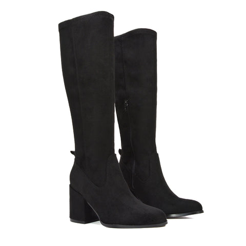 black stretchy knee high boots, black block heeled knee high boots, Mid heel boots for women, Fall winter boots for women, Stretch fit boots, Comfortable mid heel brown boots for fall