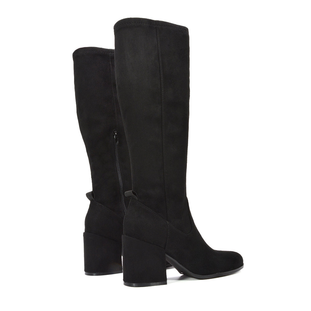 black faux suede boots, black faux suede knee high boots, Stretchy tall boots for women, Zippered knee boots, Office wear boots, Stretchy knee high boots