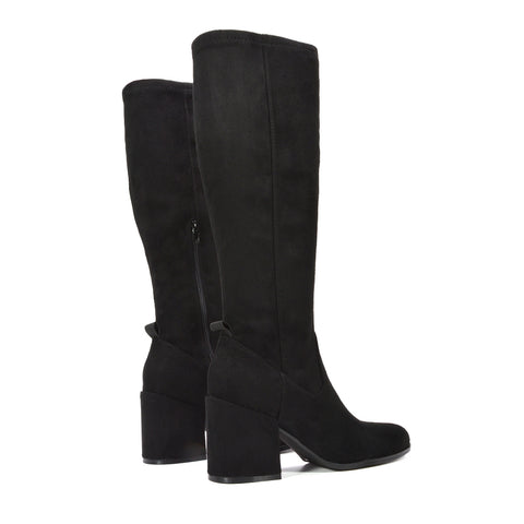 black faux suede boots, black faux suede knee high boots, Stretchy tall boots for women, Zippered knee boots, Office wear boots, Stretchy knee high boots