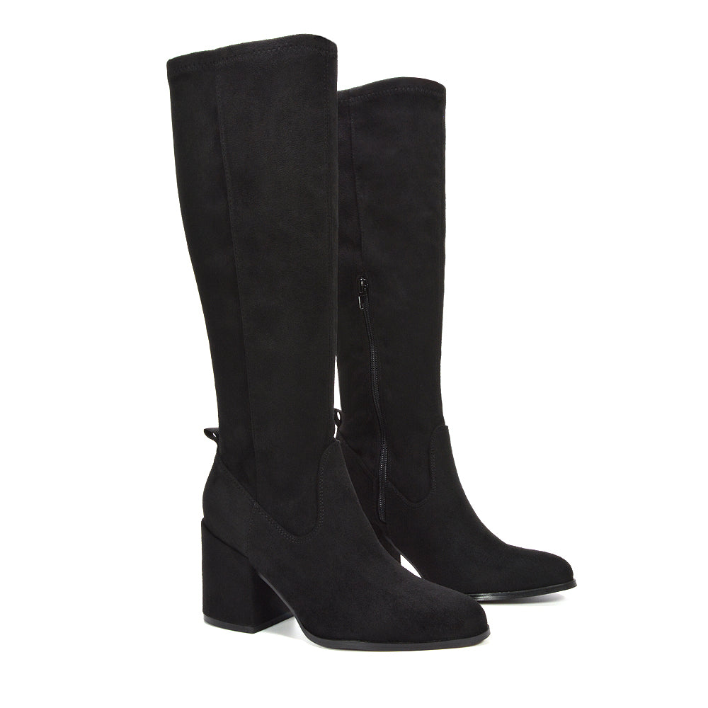 black boots for women, womens black boots, Suede knee high boots, Trendy knee high boots, Tall boots with block heel, Elegant suede knee high boots for office and casual wear