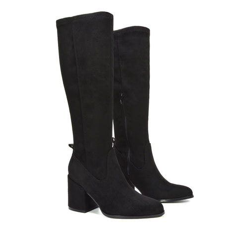 black boots for women, womens black boots, Suede knee high boots, Trendy knee high boots, Tall boots with block heel, Elegant suede knee high boots for office and casual wear