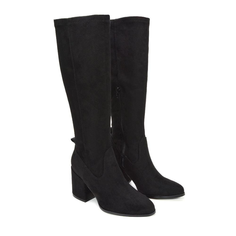 black heeled boots for women, black high heel boots, Affordable suede knee high boots, Chic knee high boots 2025, Date night boots for women, Faux suede knee-high boots