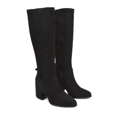 black heeled boots for women, black high heel boots, Affordable suede knee high boots, Chic knee high boots 2025, Date night boots for women, Faux suede knee-high boots