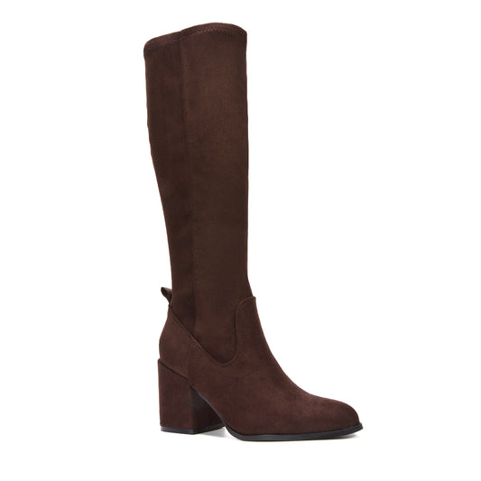 brown heeled boots, brown block heeled boots, Block heel boots, Dressy heeled boots, Faux suede knee high boots, Stylish knee high boots for women
