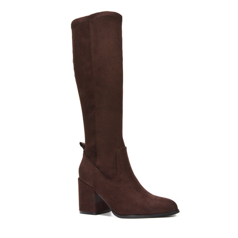 brown heeled boots, brown block heeled boots, Block heel boots, Dressy heeled boots, Faux suede knee high boots, Stylish knee high boots for women
