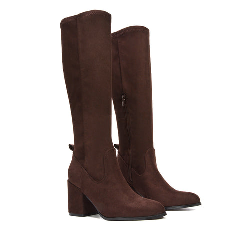 brown stretchy knee high boots, brown block heeled knee high boots, Mid heel boots for women, Fall winter boots for women, Stretch fit boots, Comfortable mid heel brown boots for fall