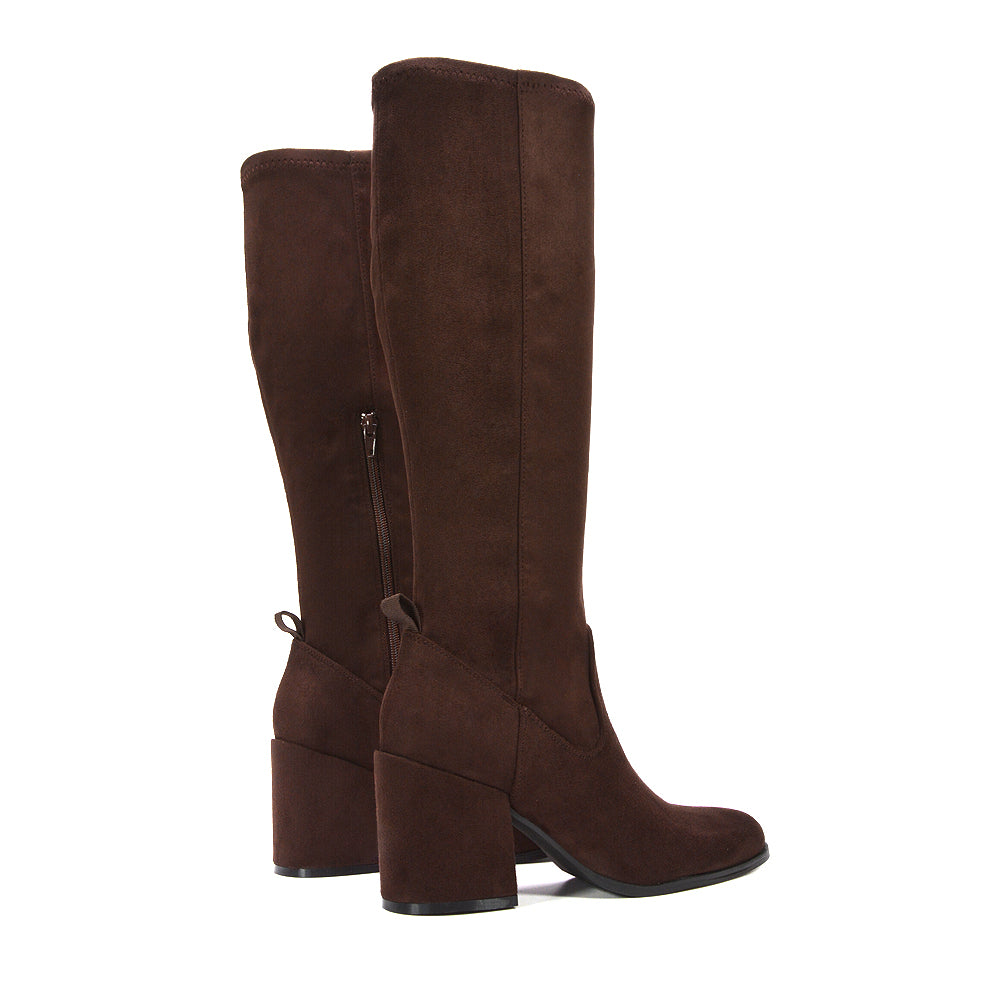 brown faux suede boots, brown faux suede knee high boots, Stretchy tall boots for women, Zippered knee boots, Office wear boots, Stretchy knee high boots