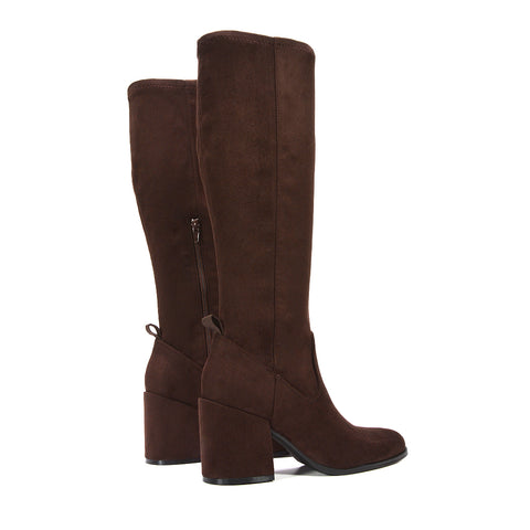 brown faux suede boots, brown faux suede knee high boots, Stretchy tall boots for women, Zippered knee boots, Office wear boots, Stretchy knee high boots