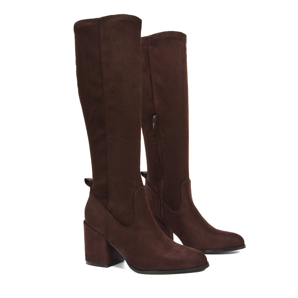 brown boots for women, womens brown boots, Suede knee high boots, Trendy knee high boots, Tall boots with block heel, Elegant suede knee high boots for office and casual wear