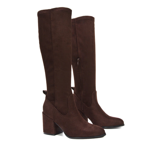 brown boots for women, womens brown boots, Suede knee high boots, Trendy knee high boots, Tall boots with block heel, Elegant suede knee high boots for office and casual wear