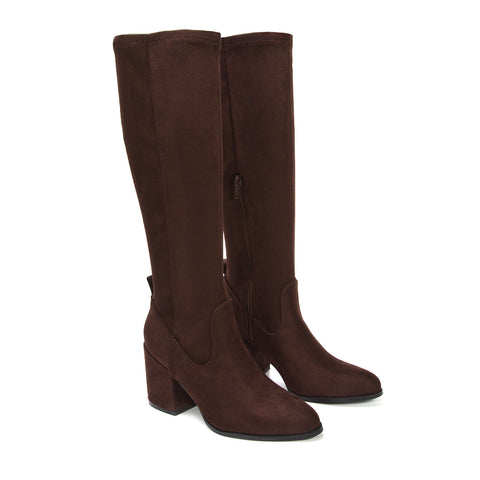 brown heeled boots for women, brown high heel boots, Affordable suede knee high boots, Chic knee high boots 2025, Date night boots for women, Faux suede knee-high boots
