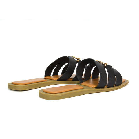 black sliders, black gold buckle strappy flat sandals, black slides, black holiday sandals