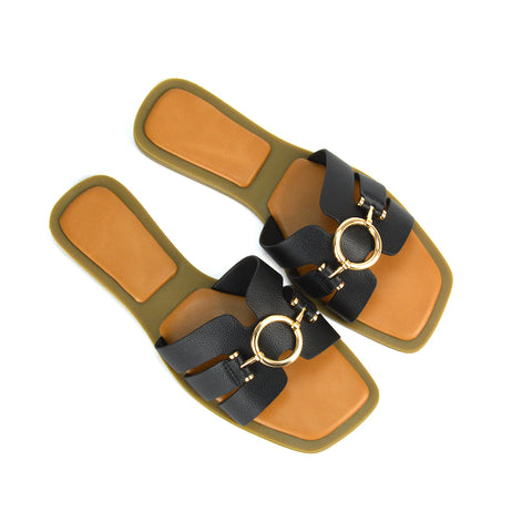 black slip on square toe flat sandals with gold buckle- get ready for summer with these sandals, perfect for holidays, pub gardens, day drinks, beach & pool parties