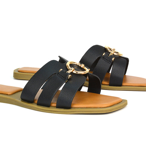 black vacay sandals, black strappy flat summer sandals, black slip on flat sandals, black slip on slides