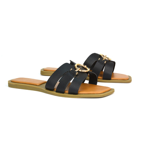 black slider sandals, black flat heel slip on sandals, black flat sandals with strap, flat sandals