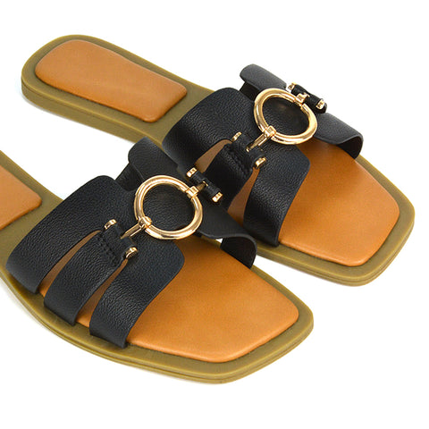 black square toe slides, black slip on strap flat sliders, black flat sandals for summer, black sandals for holidays
