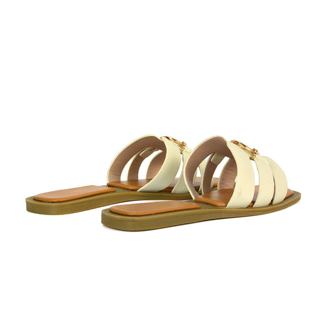 beige sliders, beige gold buckle strappy flat sandals, beige slides, beige holiday sandals