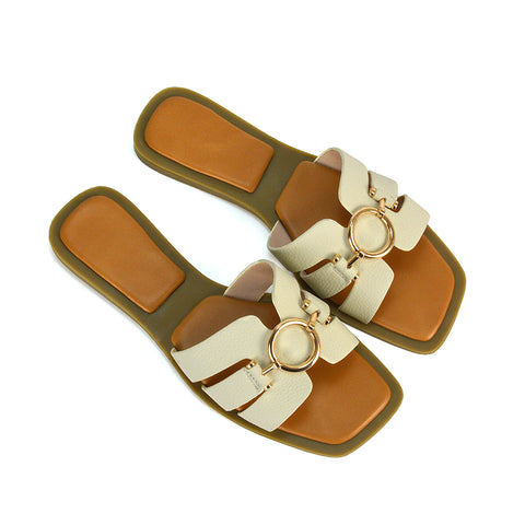 beige slip on square toe flat sandals with gold buckle- get ready for summer with these sandals, perfect for holidays, pub gardens, day drinks, beach & pool parties
