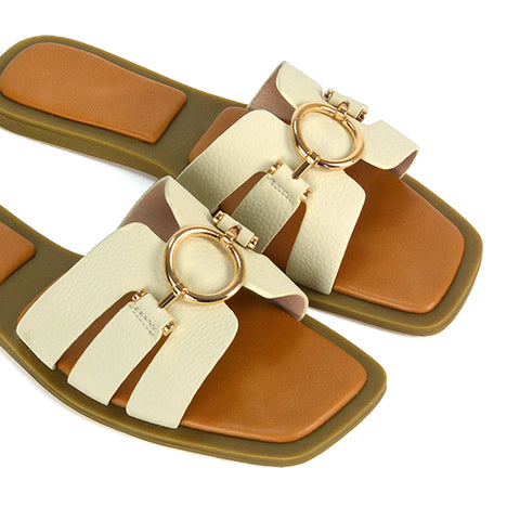 beige slider sandals, beige flat heel slip on sandals, beige flat sandals with strap, flat sandals