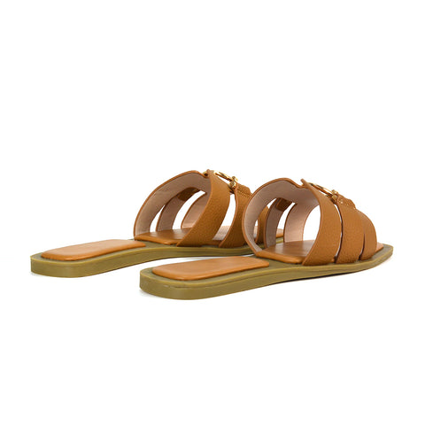 tan slip on square toe flat sandals with gold buckle- get ready for summer with these sandals, perfect for holidays, pub gardens, day drinks, beach & pool parties