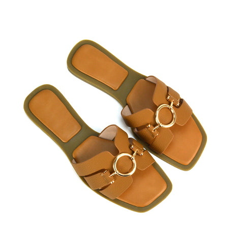 tan sliders, tan gold buckle strappy flat sandals, tan slides, tan holiday sandals