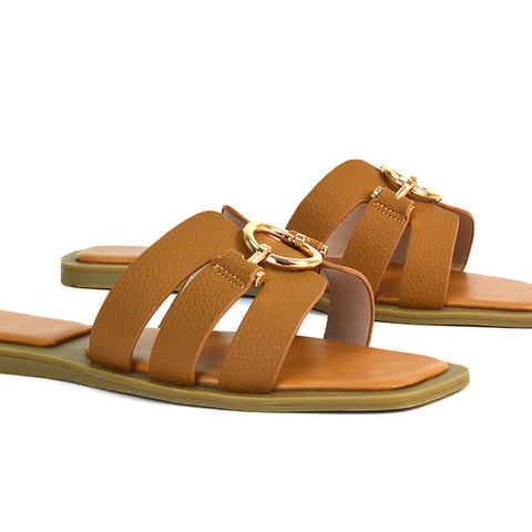 tan slip on flat heel sandals, tan casual summer sandals, tan flat square toe mule sandals, tan open toe sandals