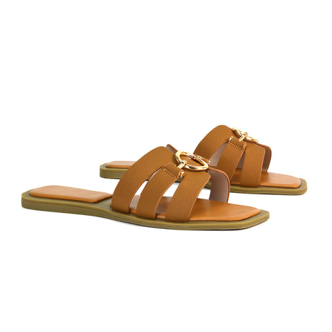 tan square toe slides, tan slip on strap flat sliders, tan flat sandals for summer, tan sandals for holidays