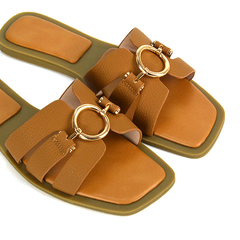 tan vacay sandals, tan strappy flat summer sandals, tan slip on flat sandals, tan slip on slides