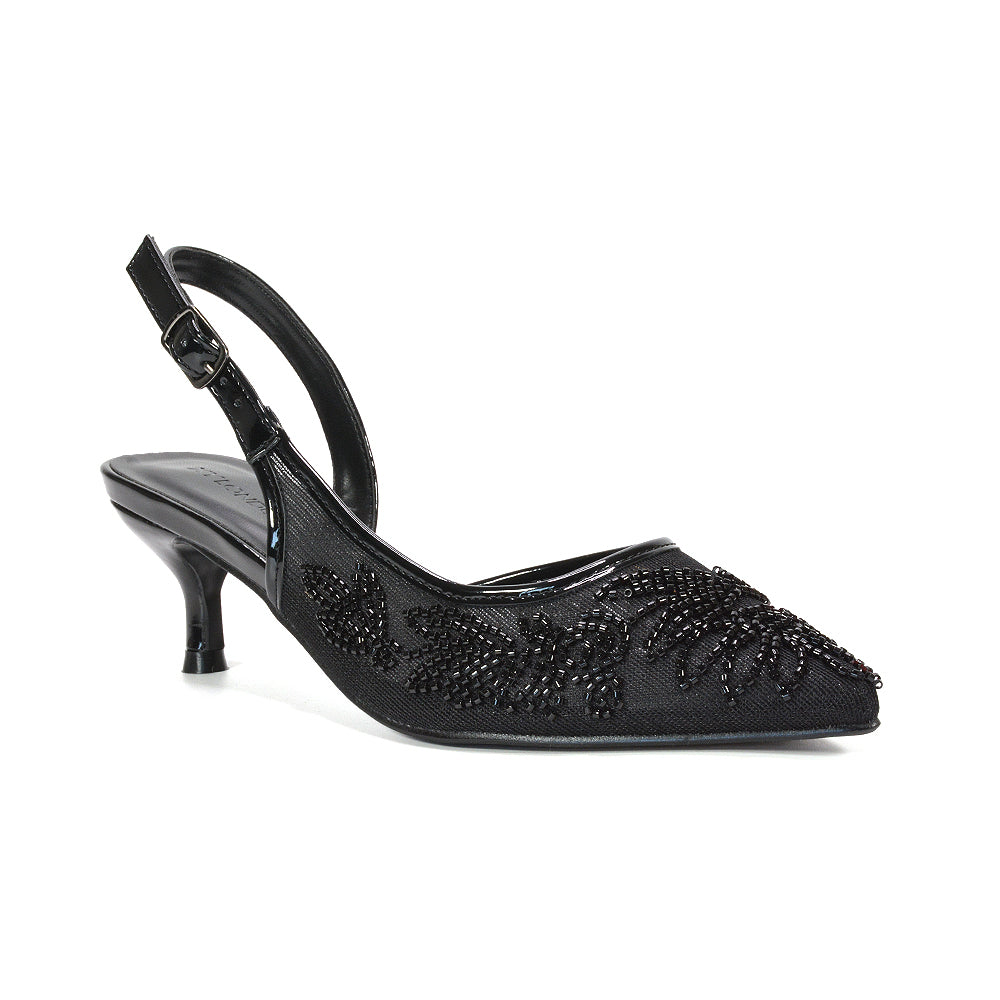 elegant black pointed toe kitten heels
black pointed toe slingback pumps with embroidery, black embroidered low heel pumps for women, black slingback kitten heels for weddings