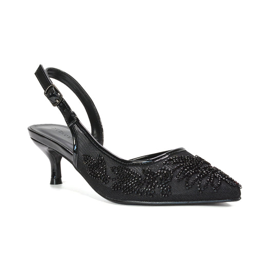 elegant black pointed toe kitten heels
black pointed toe slingback pumps with embroidery, black embroidered low heel pumps for women, black slingback kitten heels for weddings
