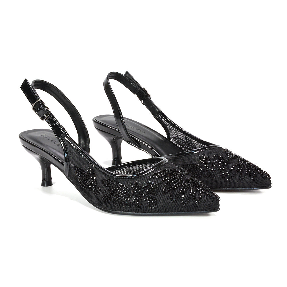 black dressy embroidered slingback shoes, comfortable black pointed toe kitten heels, black embroidered formal heels for women, black pointed toe slingback shoes with floral embroidery