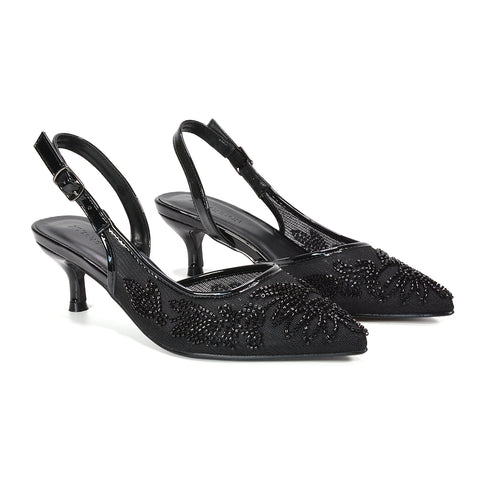 black dressy embroidered slingback shoes, comfortable black pointed toe kitten heels, black embroidered formal heels for women, black pointed toe slingback shoes with floral embroidery