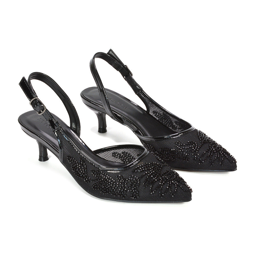black elegant low heel embroidered shoes, black wedding guest kitten heels, black pointed toe embroidered dress shoes, luxury black embroidered slingback pumps