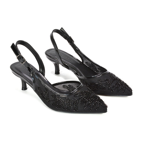 black elegant low heel embroidered shoes, black wedding guest kitten heels, black pointed toe embroidered dress shoes, luxury black embroidered slingback pumps