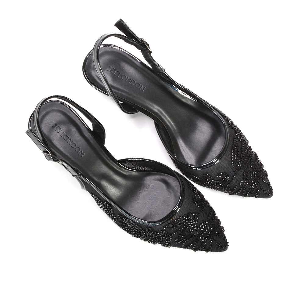 black embroidered bridal shoes, black slingback kitten heels, black comfortable embroidered heels, black pointed toe slingback pumps